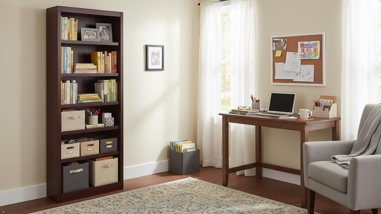BOWERY HILL Traditional Wood Bookcase, 84" Tall, Espresso Finish, 6-Shelf with 4 Adjustable Shelves, Solid Wood Veneer Construction, Sturdy Storage for Home or Office, Freestanding Design