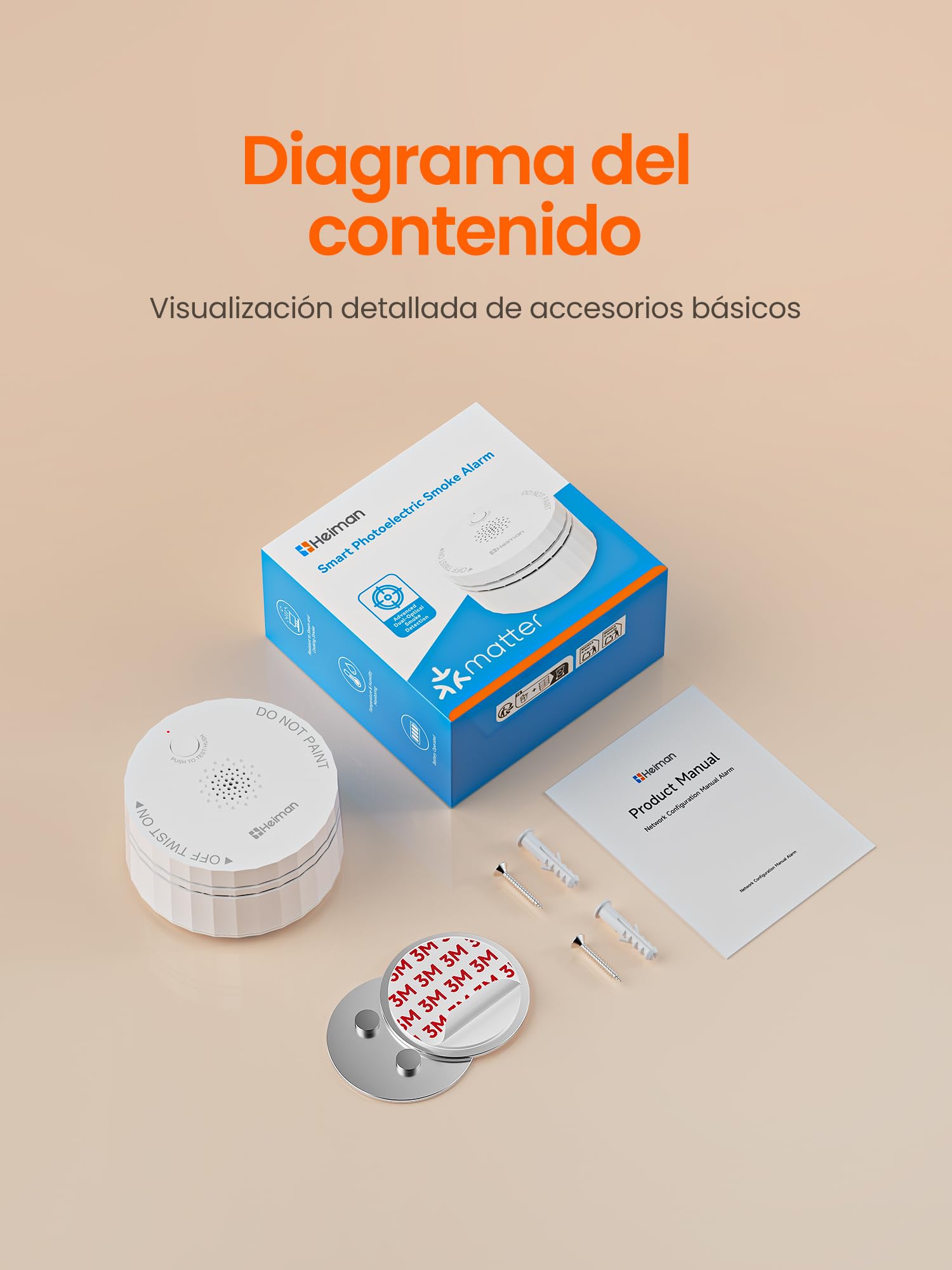 Heiman Detector de humo mate, detector de humo inteligente con hilo, sensor fotoeléctrico, notificaciones de aplicaciones, alarma de 85 dB, funciona con pilas, EN 14604, compatible con Apple Home