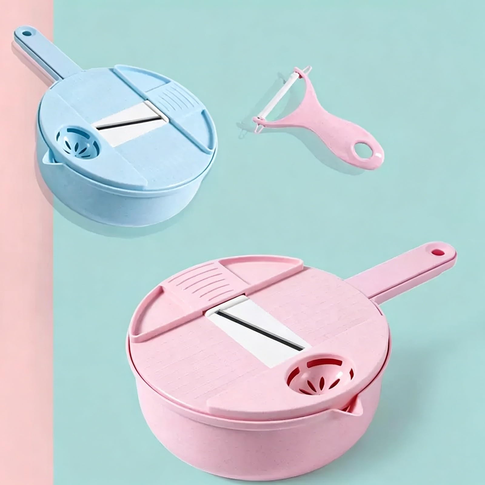 Gemüsehobel, Verstellbarer Hobel für Gemüse & Obst mit Auffangbehälter, Robuster Fingerschutz, Leicht zu Reinigen, 3 Edelstahlklingen, für Die Küche, Rosa