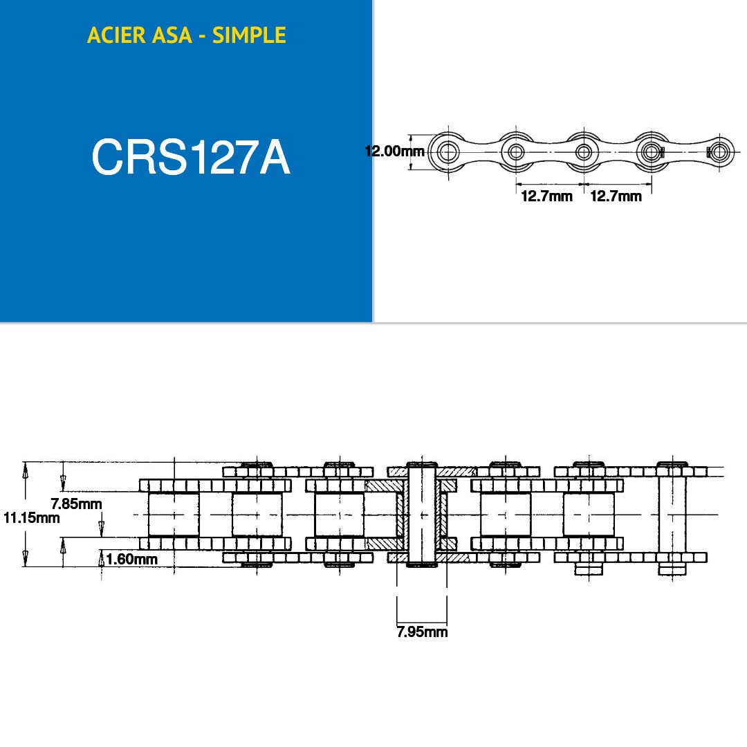 CMW CRS127A chaine de transmission simple ASA 40-1 ASA acier, pas de 12,7 mm en rouleau de 5 mètres