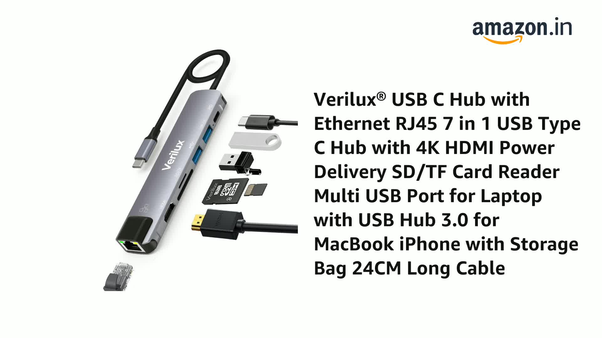 Verilux 7-in-1 USB Type C Hub with Ethernet RJ45 & 4K@60Hz HDMI