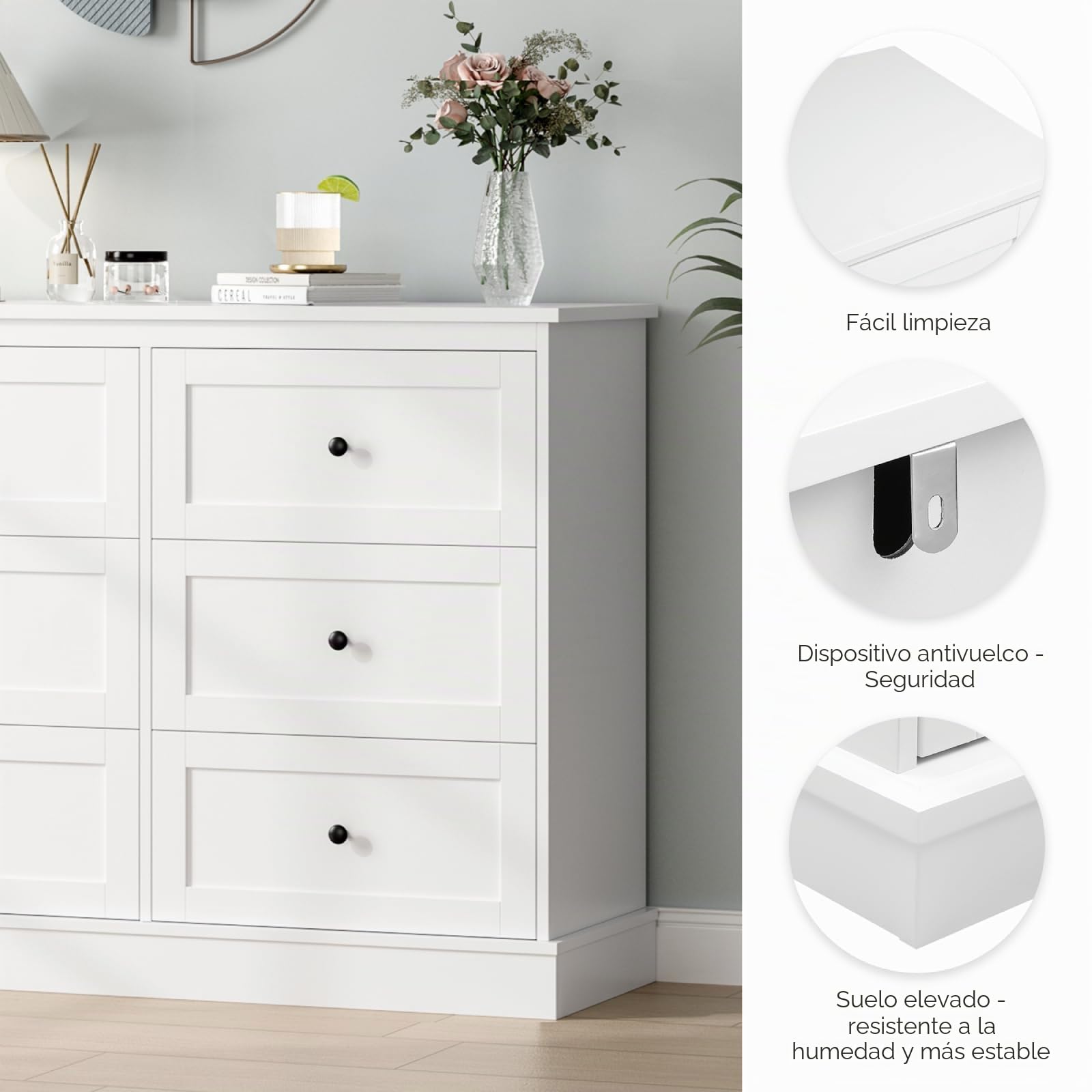 FOREHILL Cómoda 6 Cajones Amplia Dormitorio para Vestidor Recibidor Blanco | Mueble Almacenaje con Guías Metálicas y Kit Antivuelco, Cómodas y Cajoneras Gran Capacidad para Pisos Pequeños 108An.x40x87cm