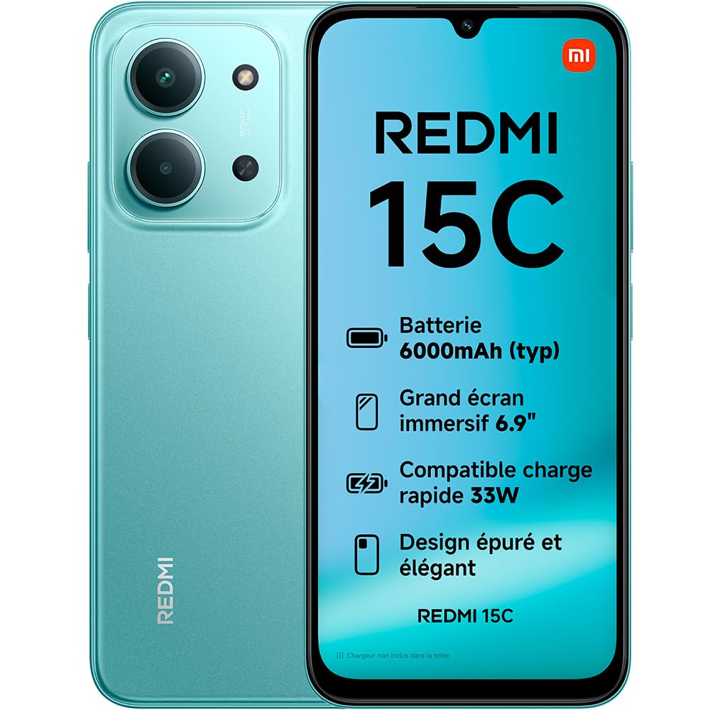 XIAOMI REDMI 15C Smartphone 4+256 Go Écran 6,9 Pouces 120Hz - Vert | Épaisseur 7,99 mm, batterie 6000 mAh, MediaTek Helio G81-Ultra, Version Française, 2 ans de garantie, chargeur non inclus