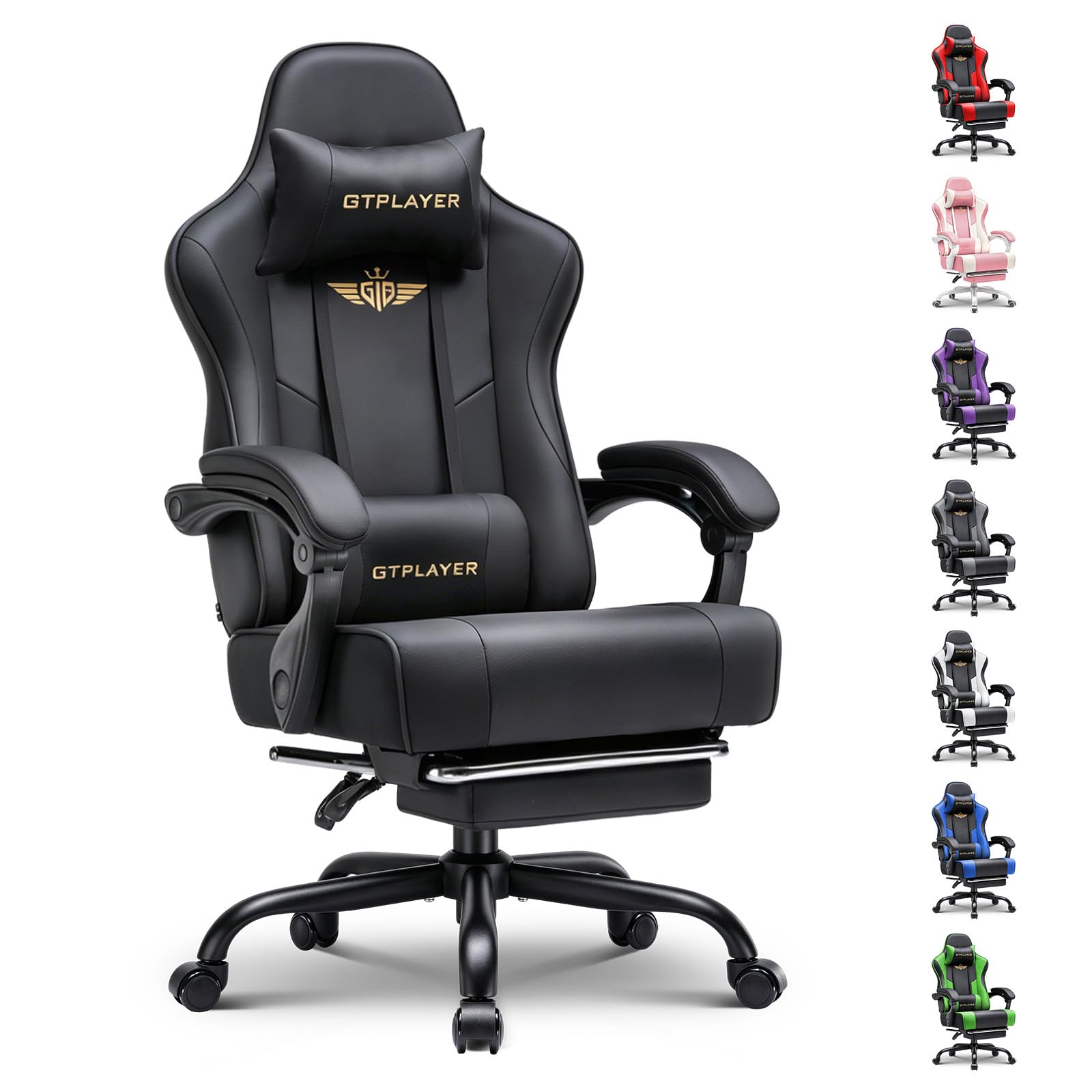 GTPLAYER Gaming Chair for Adults Computer Chairs with Footrest Headrest and Lumbar Support Ergonomic Height Adjustable Reclining PC Chair