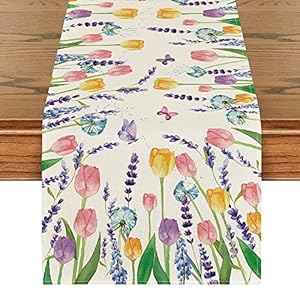 Artoid Mode Tulip Lavender Summer Table Runner, Seasonal Spring Kitchen Dining Table Decoration for Home Party Decor 13×72 Inch