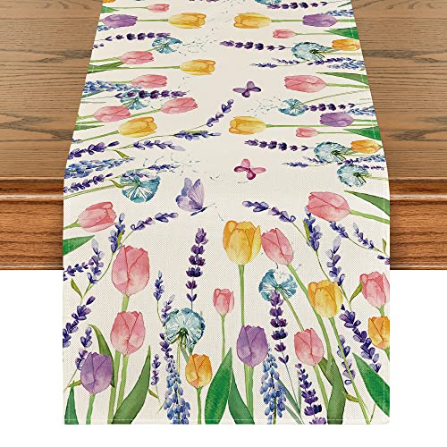 Artoid Mode Tulip Lavender Summer Table Runner, Seasonal Spring Kitchen Dining Table Decoration for Home Party Decor 13x72 Inch