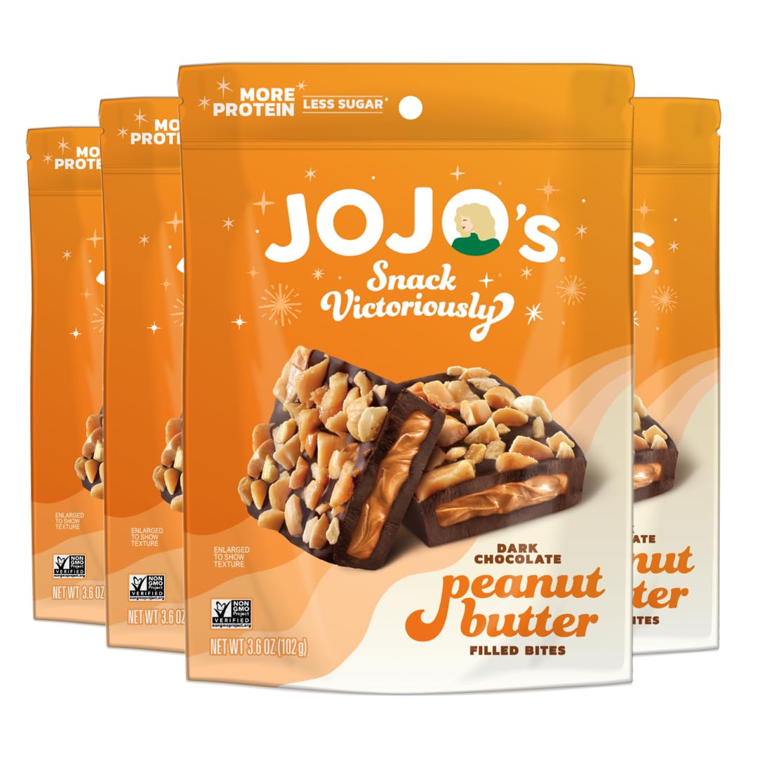 JOJO's Dark Chocolate Peanut Butter Filled, Healthy Snack, Low Sugar, Low Carb, Gluten Free, Non GMO, Paleo & Keto Friendly, Made with Plant Based Hemp Protein, Vegan (4 Count)