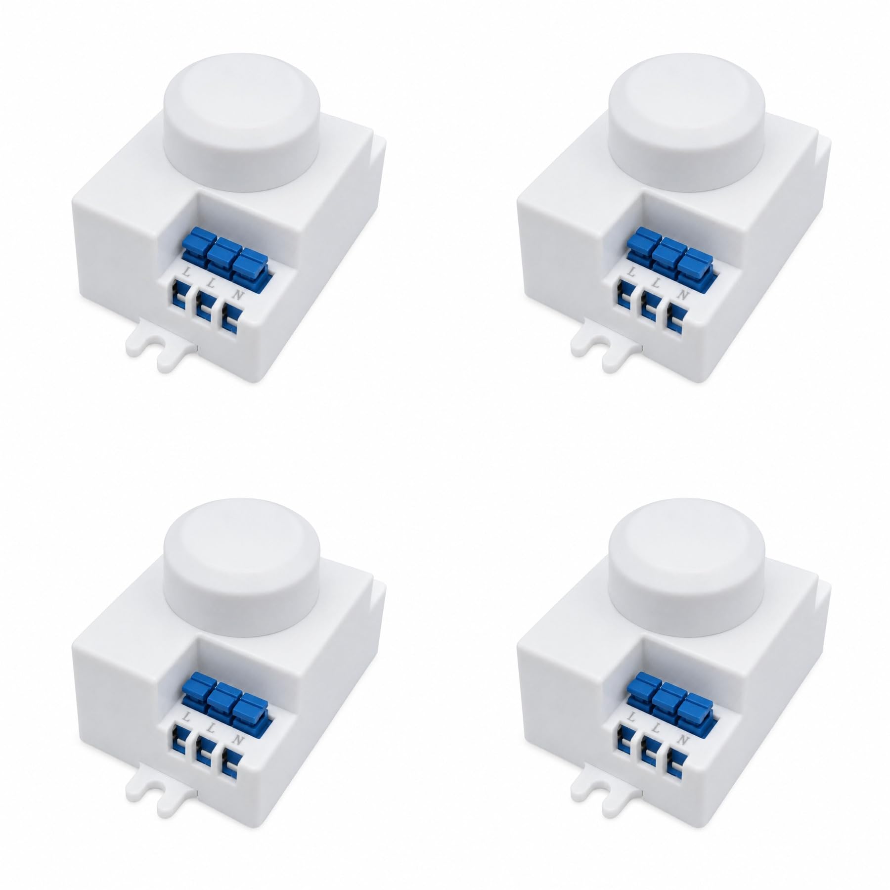 4 sensores de movimiento de microondas 360° de superficie, detector de presencia para luces 220 V, distancia ajustable 1-8 m, temporizador 8 seg-12 min, sensor crepuscular 2-2000 lux, IP20, 55 x 41 x
