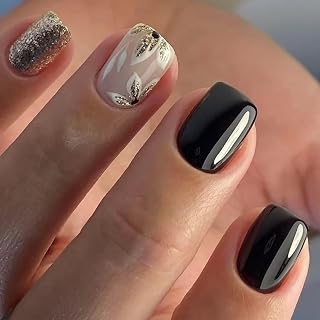 Flower Press on Nails Short Square Fake Nails with Designs Glitter False Nails Black Glossy Full Cover Shiny Acrylic Nails Summer Glue on Nails Cute Artificial Stick on Nails for Women Manicure 24 Pcs