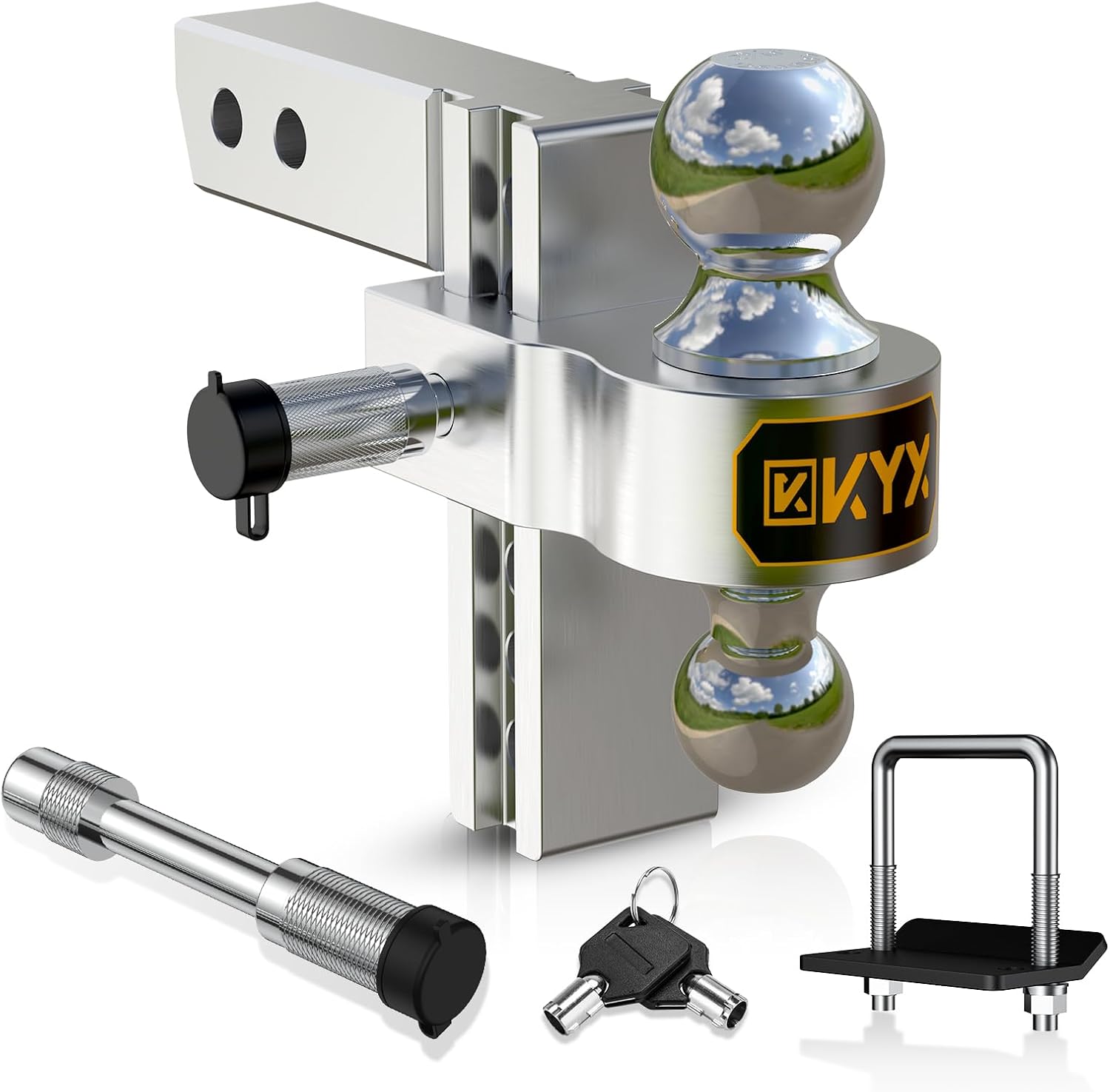 KYX Adjustable Trailer Hitch - 8" Drop/Rise Ball Mount for 2.5" Receiver, 18,500 LBS GTW Tow Hitch with Dual Balls (2" & 2-5/16"), Anti-Theft Locking Pins - Aluminum Truck Hitch for Heavy Duty Towing