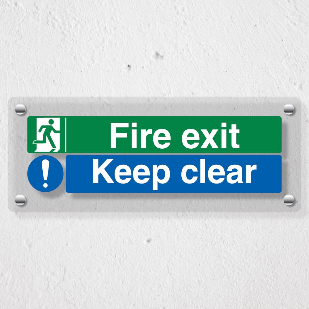 V Safety Fire Exit/Keep Clear - 450 x 150 mm - Acrylic Perspex Cast Clear Safety Sign