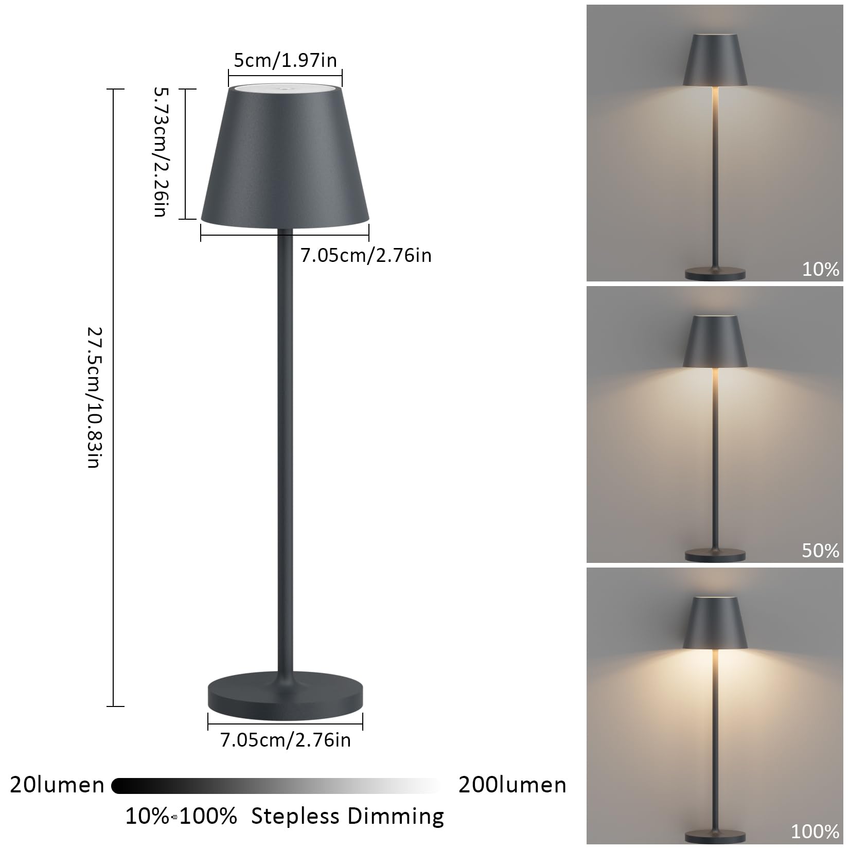 K-Bright 2 Stück mini led tischlampe 27.5cm | Indoor & Outdoor kleine Akku Tischleuchte | Warme Lichtfarbe | IP54 wasserdicht | tischleuchte akku mit USB Ladestation | Anthrazit