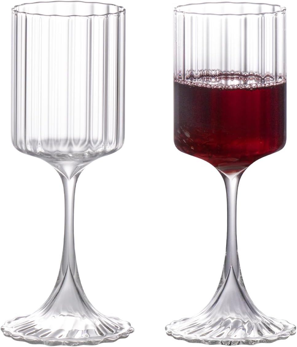 KAMMAK Wine Glasses Set of 2, 13.53 oz Hand Blown Crystal Bordeaux Wine Glasses, Thin Rim & Long Stem, Perfect for Red & White, Daily Use, Wedding or Birthday Gift with Gift Box, Fully Clear Wide Rib