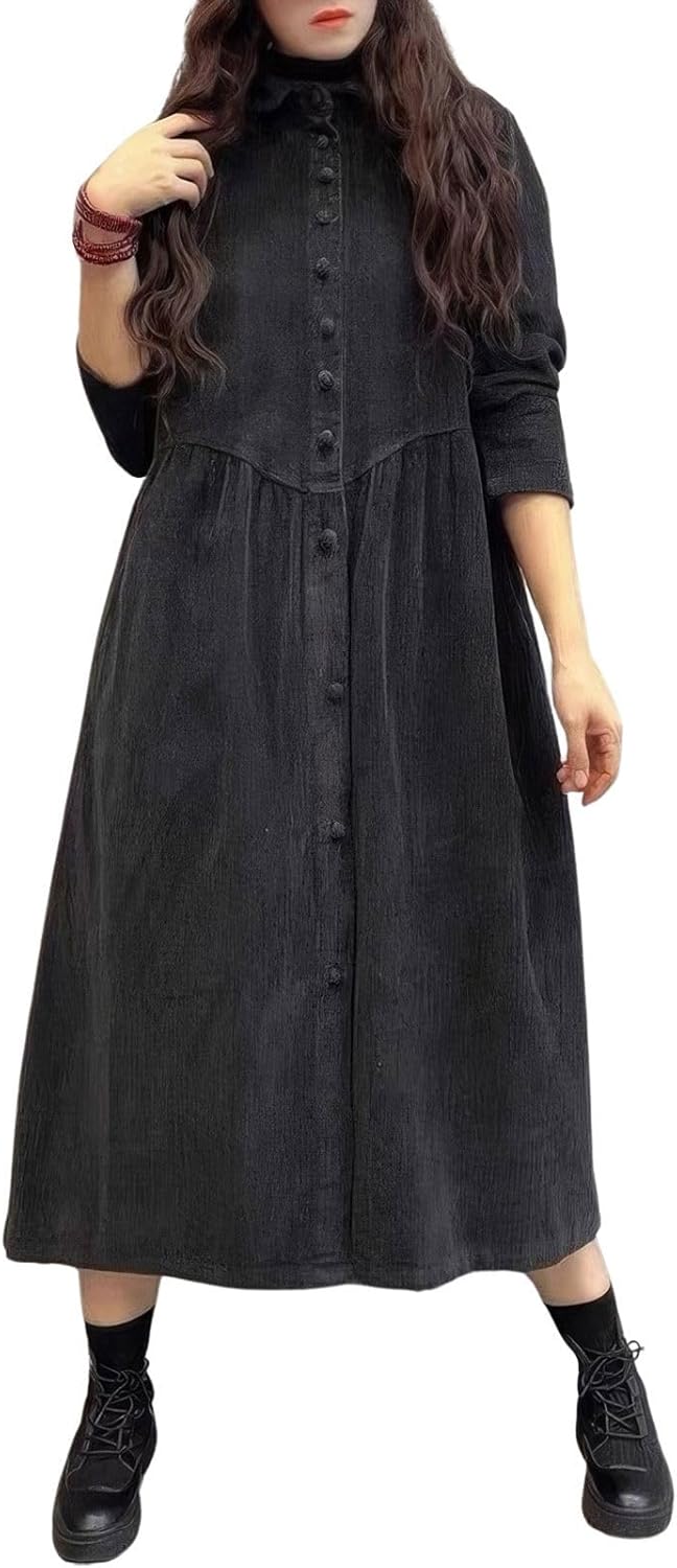 ebossy Womens Corduroy Button Down Shirt Dress Long Sleeve Lapel A-Line Pleated Midi Long Dress with Pockets