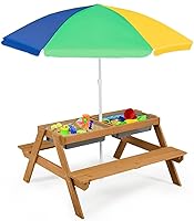 Vista 12 de HONEY JOY Mesa de picnic para niños, mesa de madera de cedro 4 en 1 para arena y agua con 2 cajas extraíbles y paraguas, mesas de picnic para niños
