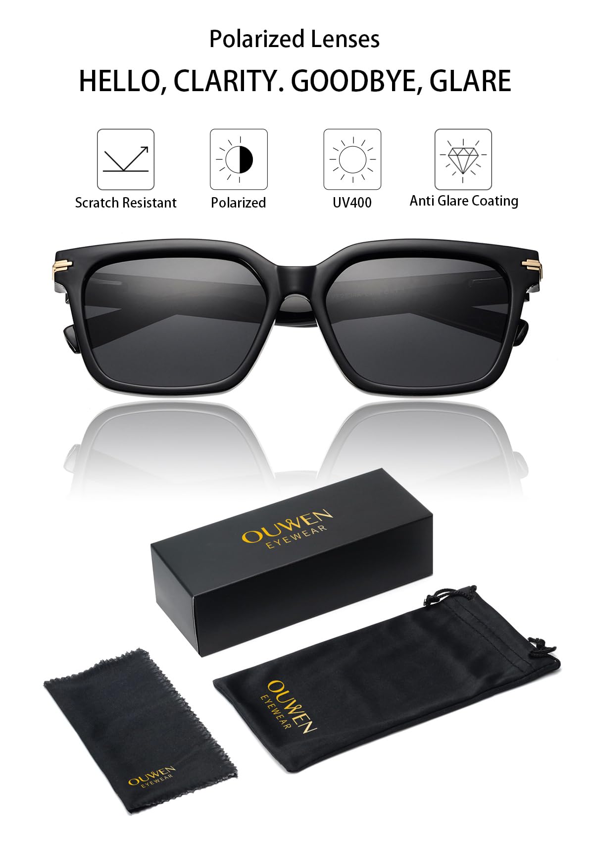 OUWEN OW2234 Retro-Sonnenbrille, polarisiert, rechteckig, für Damen und Herren, modische Farben, flexible Kunststofflinse, UV-Schutz