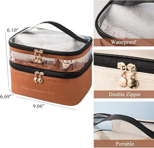 Miniatura 2 de kamumanni Bolsa de maquillaje grande de doble capa, bolsa de maquillaje impermeable transparente superior bolsa de cosméticos portátil de cuero PU