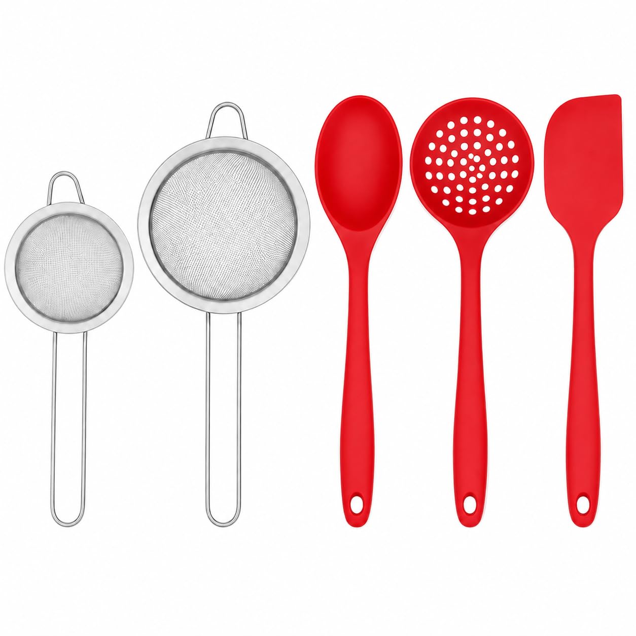 Kit Cozinha Completa 5 Peças Vermelho com 2 Peneiras Inox 10 e 12 cm + Colher de Arroz,