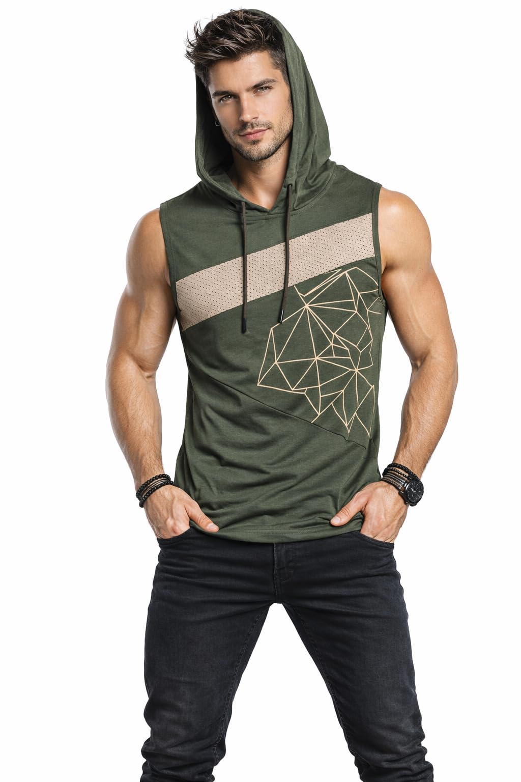 looks united Men Sleeveless Hooded Stylish Geometric Print Printed Causal wear Gym Vest for Men-picture-28