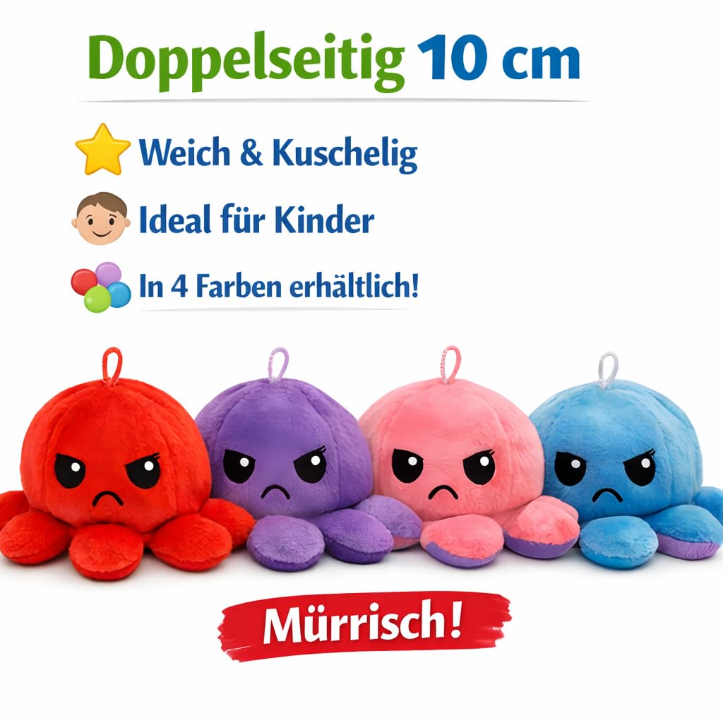 USTASS Pack de 4 colores – Peluche de pulpo reversible 10 cm – Doble cara de humor feliz y gruñón con enganche – Kawaii - 4