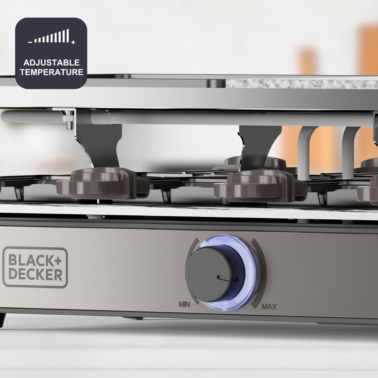 Black+Decker BXFC1400E elektryczny raclette | 1400 W | dla 8 osób | dwustronna płyta grillowa/deska + kamień naturalny | regulowany termostat LED, nieprzywierający, akcesoria w zestawie