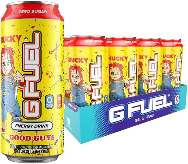 G Fuel Energy Drink, Blood Orange, Sugar Free Beverage with 140mg Caffeine, Daily Energy Boost with Focus Amino, Vitamin + Antioxidants, 16 oz Cans (Chucky, 12-Pack)