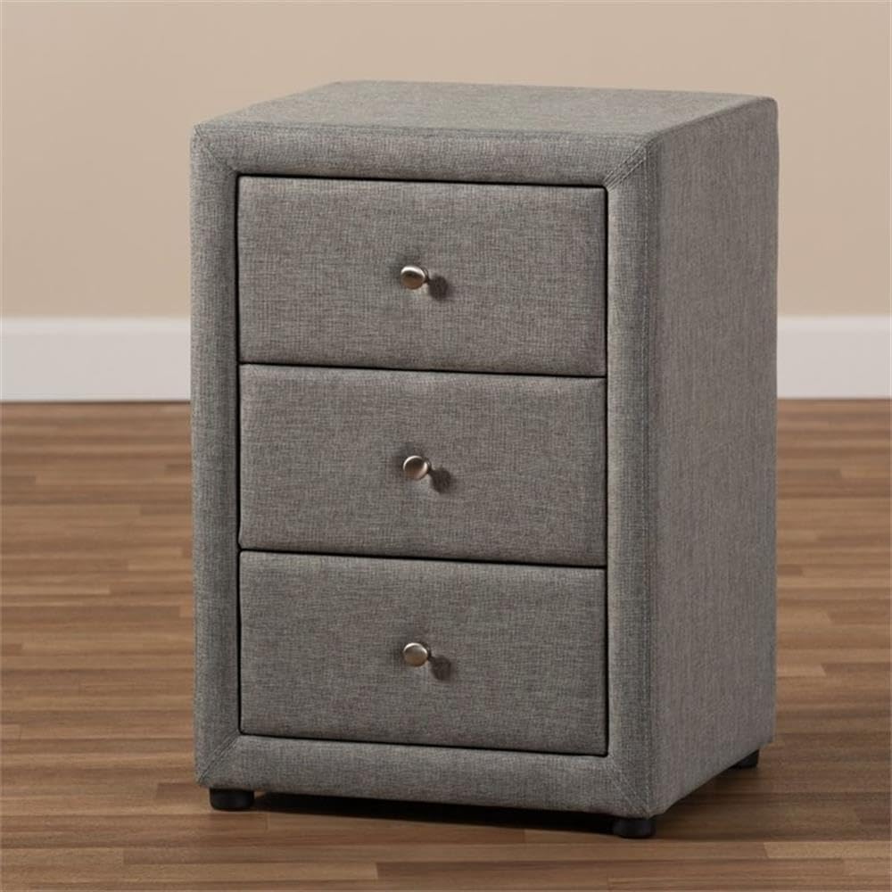 BOWERY HILL 3-Drawer Fabric Upholstered Nightstand, Grey Finish, Foam-Padded Hardwood Frame, Chrome Handles, 26.38" H x 18.5" W x 16.34" D, Modern Style Bedroom or Guest Room Storage
