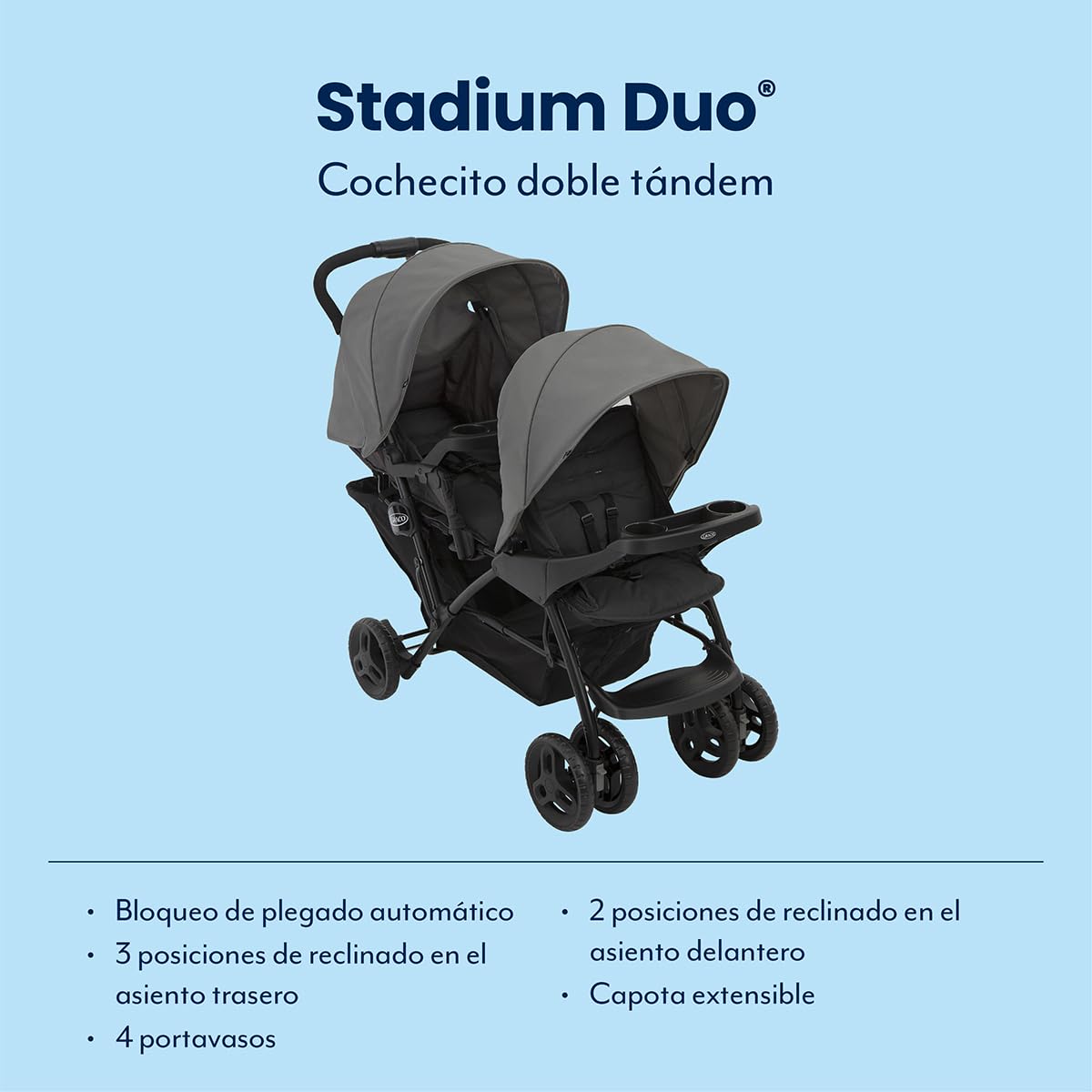 Graco - Stadium Duo Cochecito doble ultramanejable. Desde el nacimiento hasta los 3 años aprox. (máx. 15 kg), color Titanium, Sistema Click Connect compatible con 2 sillas portabebés