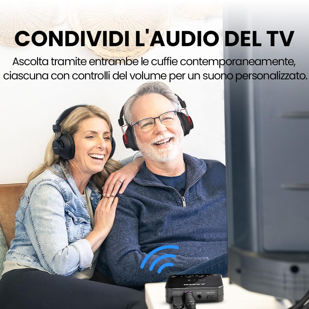Avantree HT41899 Plus 2 - Cuffie wireless Dual Bluetooth 5.3 per TV con trasmettitore e dock di ricarica, 50 ore di autonomia, aptX Adaptive compatibili con TV (Opt o AUX Out)