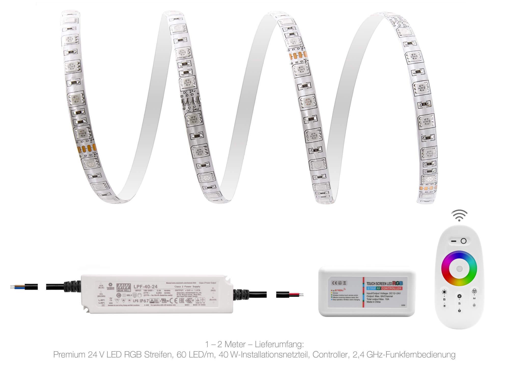 1 meter professionale RGB Striscia LED (60 LED/m, IP65, 24 V) con controller, telecomando e 40 Watt Installation Adattatore