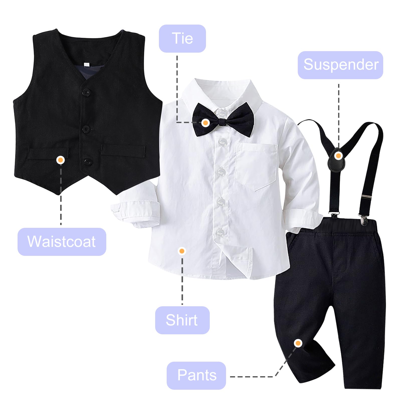 4tlg Baby Jungen Bekleidungssets Langarm Hemd + Hose + Weste + Fliege Krawatte Kinder Anzug Gentleman Anzüge Festliche Taufe Hochzeit