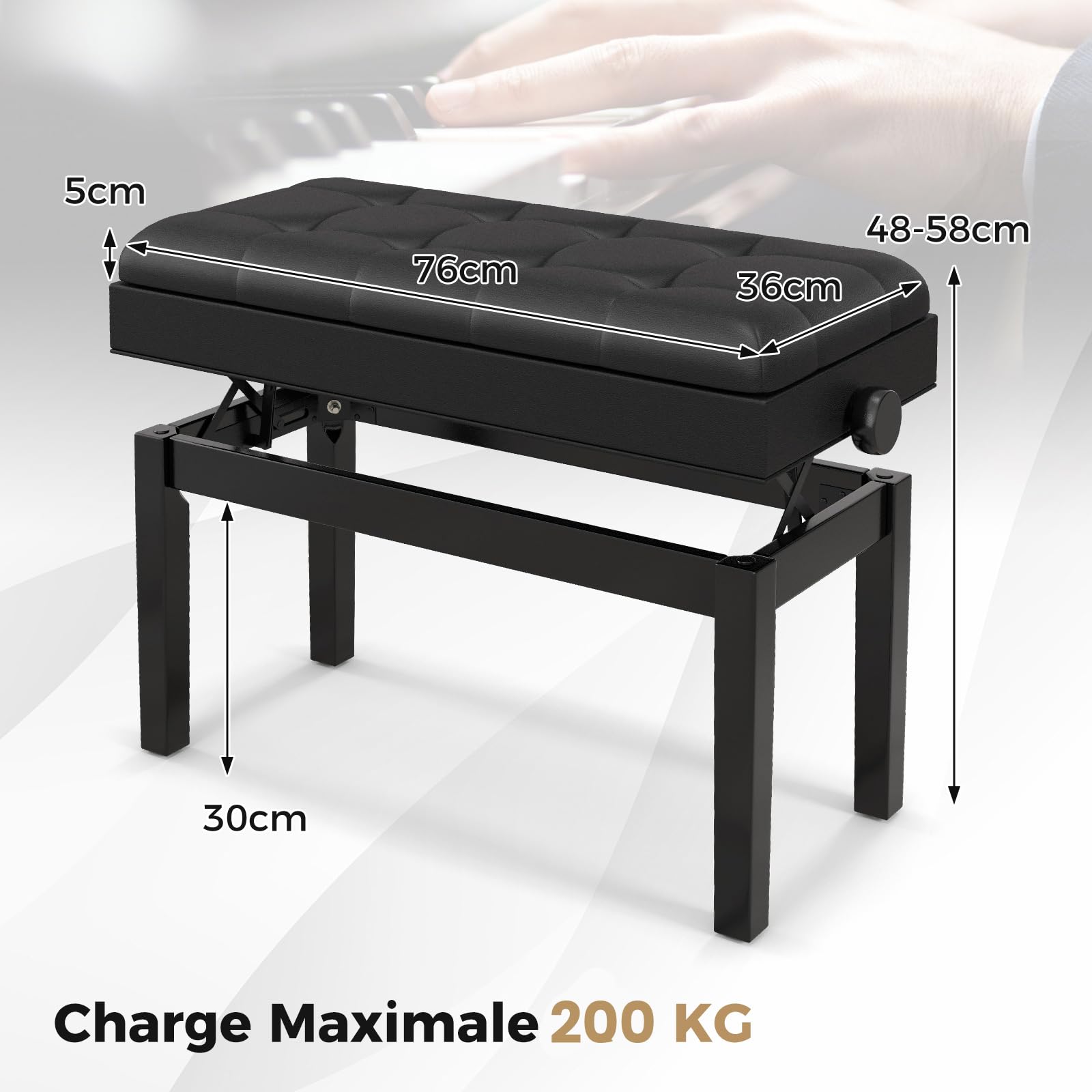 COSTWAY Tabouret Piano Réglable en Hauteur 48-58 cm, Banquette Piano avec Rangement, Siege Piano Double en Bois, Coussin Rembourré Imperméable, Banc de Piano, Charge Max. 200 kg, Noir