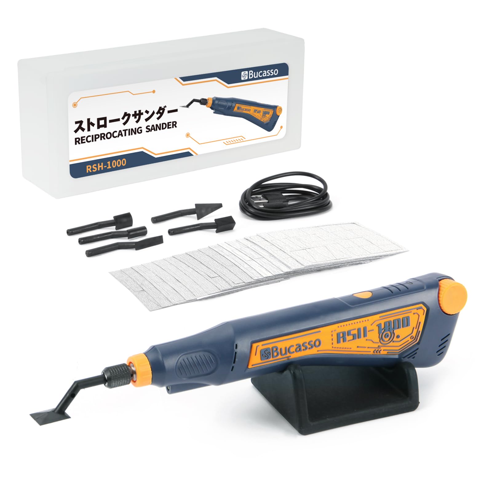 Bucasso Reciprocating Sander, Variable Speed and USB Charging with LED Light, Pen Sander with 6 pcs Sanding Head