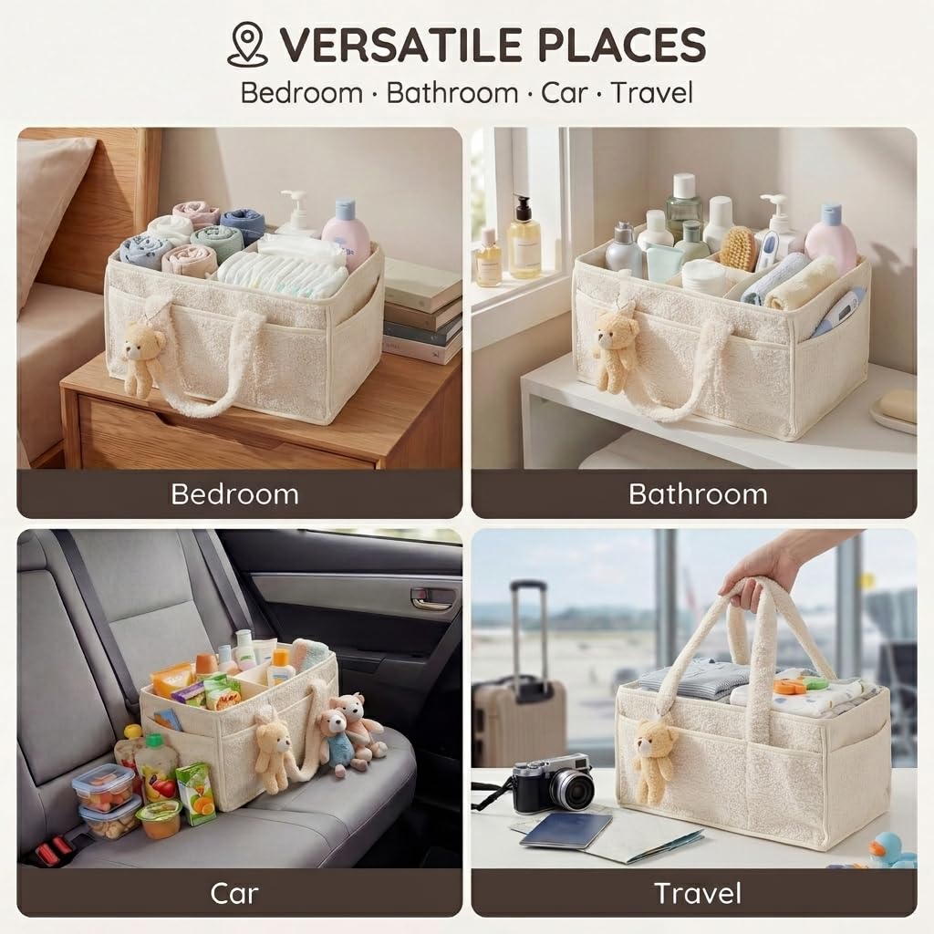 Panier à couches élégant pour les essentiels du nouveau-né et le changement des couches, cadeau pour fête prénatale, 38 x 25,4 x 17,8 cm, panier à couches avec séparateurs amovibles (beige)