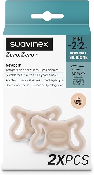 Suavinex, Pack 2 Chupetes Recién Nacido Zero Zero Tetina Fisiológica SX Pro, Bebés -2 a 2 Meses, Chupete Mini para Prematuros, Hipoalergénico, para Pieles Sensibles, Silicona Skin-Friendly, Light - 3