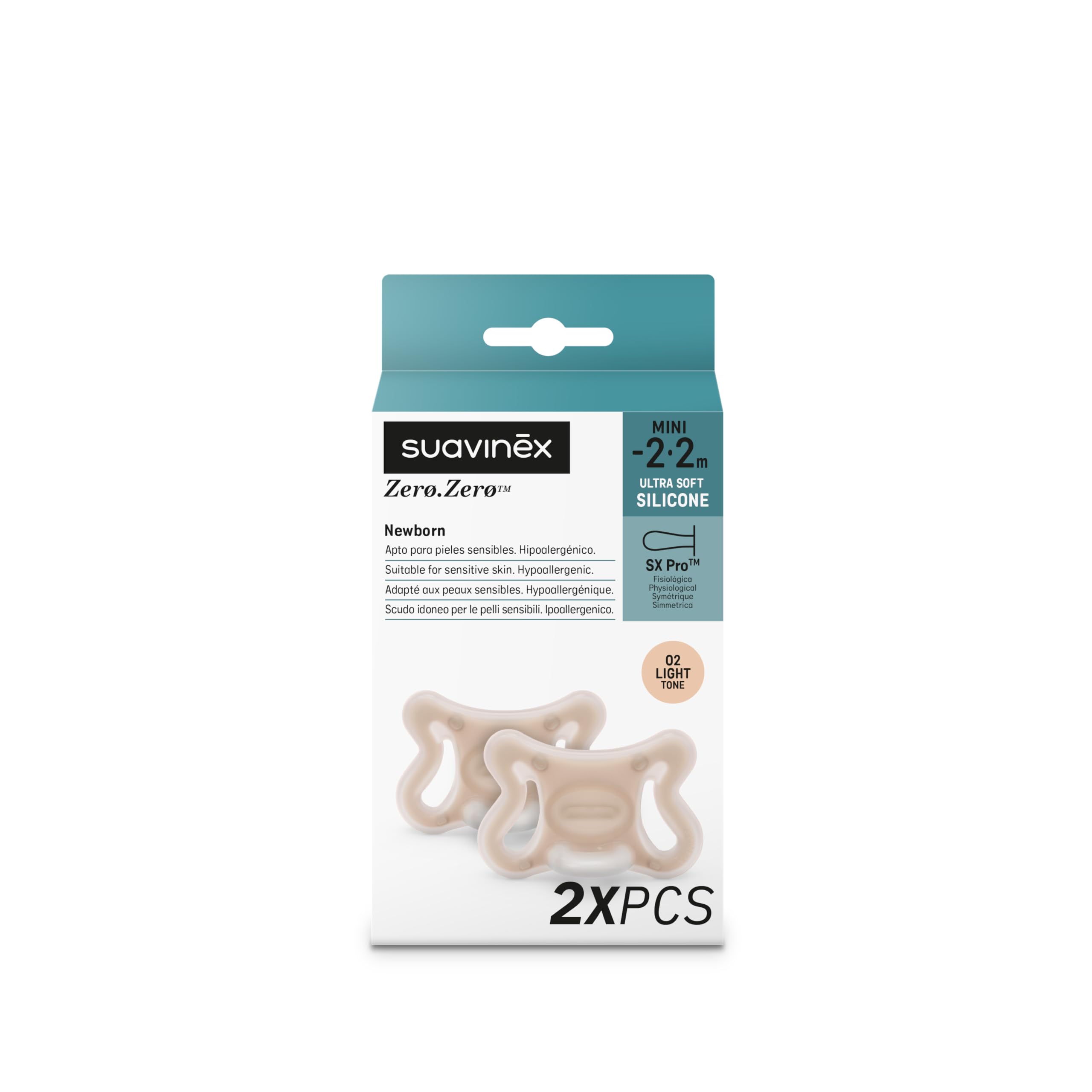 Suavinex, Pack 2 Chupetes Recién Nacido Zero Zero Tetina Fisiológica SX Pro, Bebés -2 a 2 Meses, Chupete Mini para Prematuros, Hipoalergénico, para Pieles Sensibles, Silicona Skin-Friendly, Light — view 3