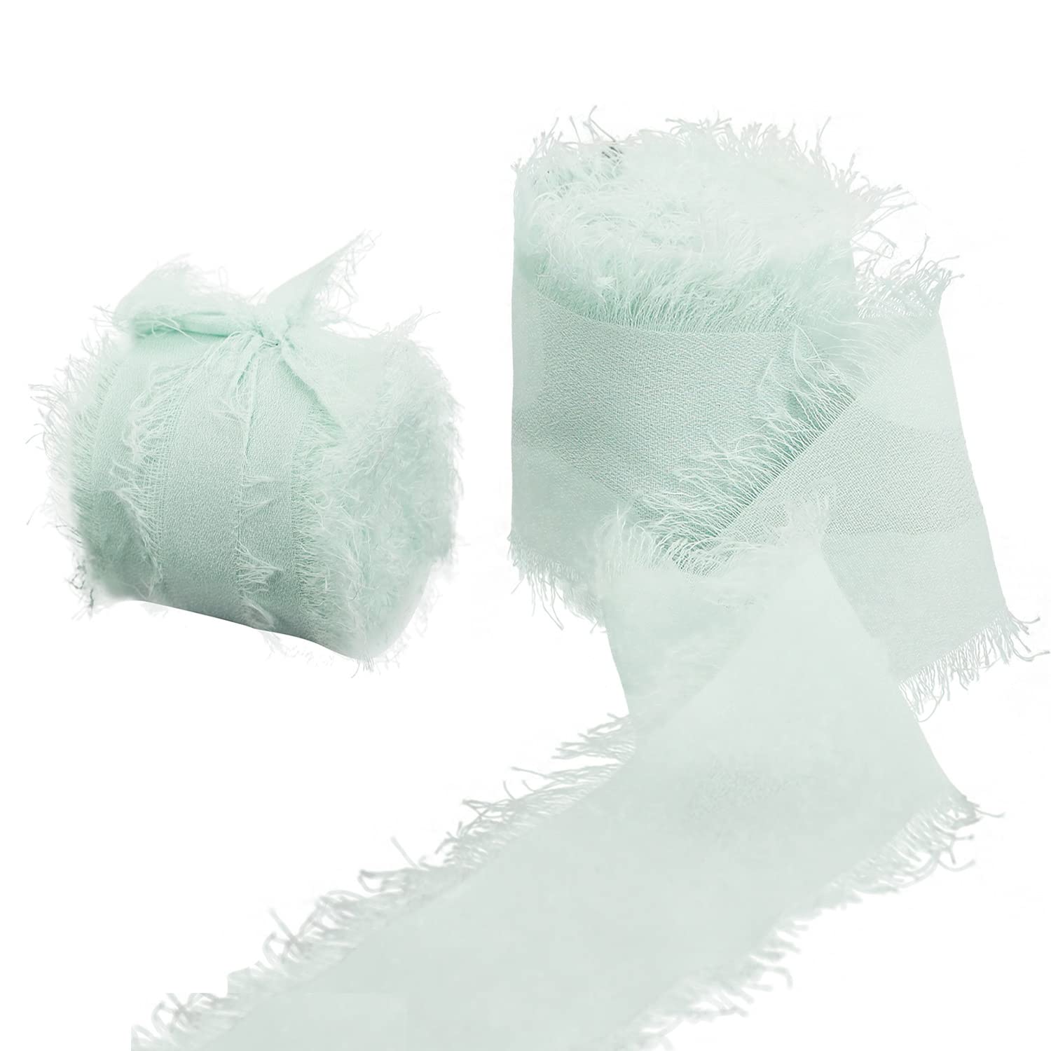 Yalulu 2 Rolls 1.5inch x 5 Yards Handmade Fringe Chiffon Ribbons, Frayed Edge Chiffon Silk-Like Ribbons for Wedding Flatlays Invitations Bouquets Backdrop Decorations (Light Green)