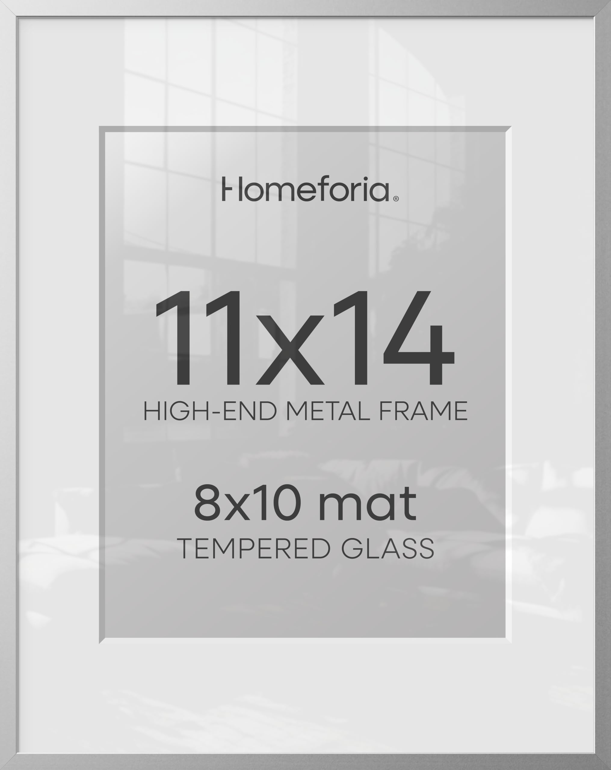 Homeforia 11x14 Silver Picture Frame, High-End Metal, 8x10 Mat, Glass | High End Aluminum, Tempered Glass, Acid-Free 8x10 Removable Mat, 11x14 in Edge-to-Edge Display 14x11, Wall Kit, Set Of 2