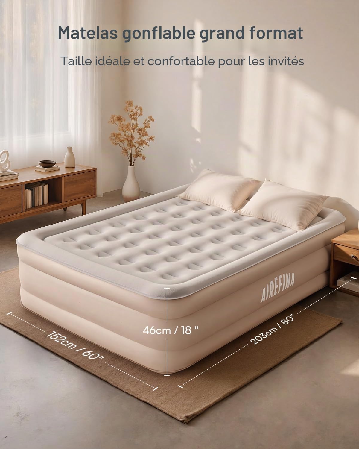 Airefina Matelas Gonflable pour Grand lit avec Pompe intégrée, Matelas Gonflable amélioré de 45,7 cm avec Sac de Transport, Grand lit Gonflable pour Camping, Maison, invités, Colchones gonflables