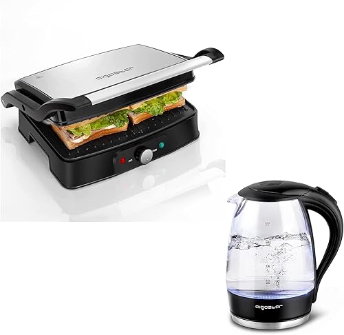 Miniatura 1 de Aigostar Prensa eléctrica Panini con ajuste de temperatura ajustable, hervidor de té eléctrico de 1,7 litros con LED iluminado