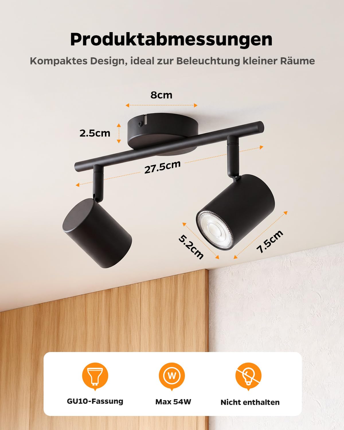 Sanyoung Deckenstrahler LED 2 Flammig, GU10 Deckenlampe Küche Schwarz, Modern Deckenleuchte Strahler, Metall Küchenlampe Wandstrahler Schwenkbar für Schlafzimmer Flur Büro, Ohne Leuchtmittel