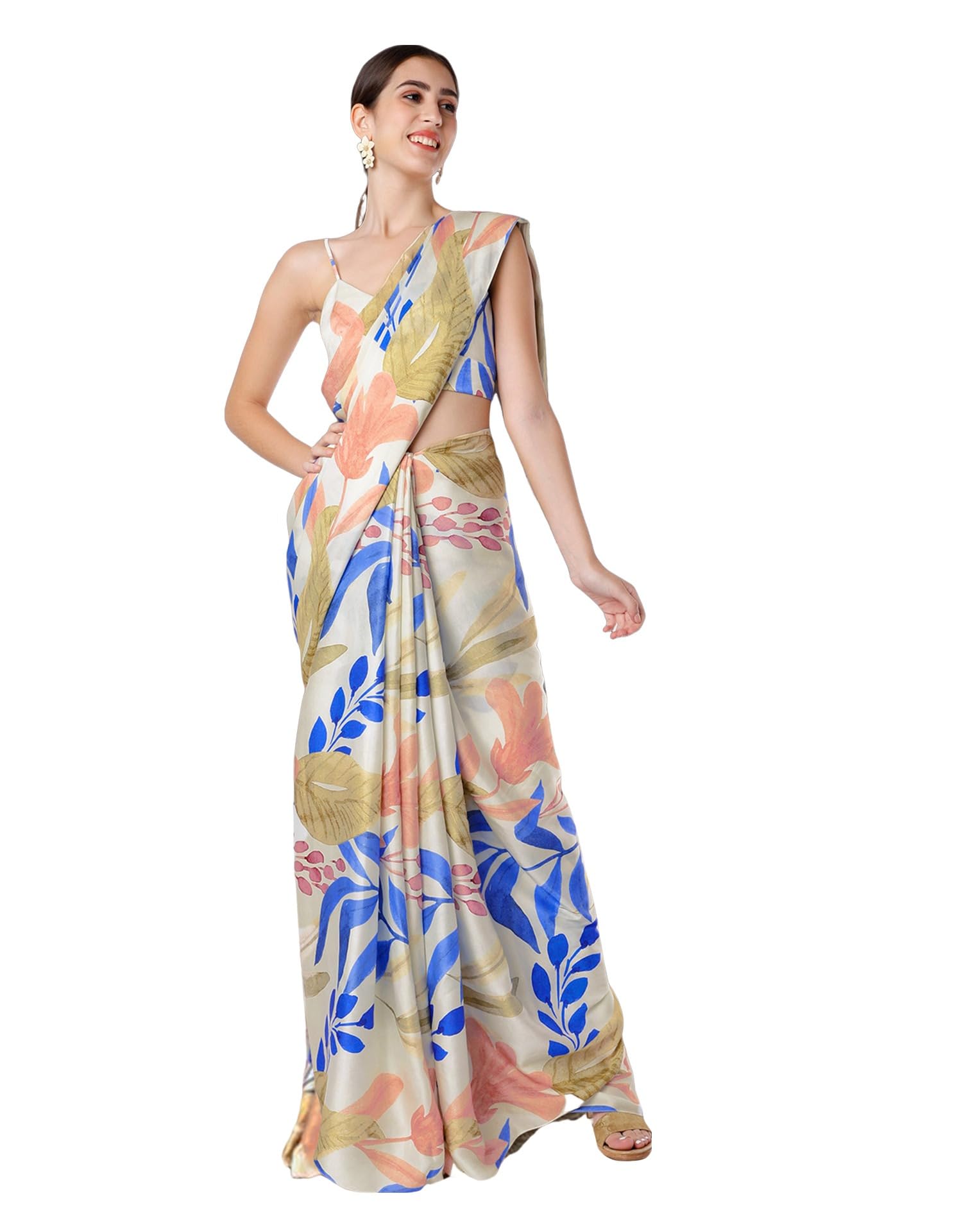 SIRILWomen's Printed Silk Crepe Saree with Unstitched Blouse