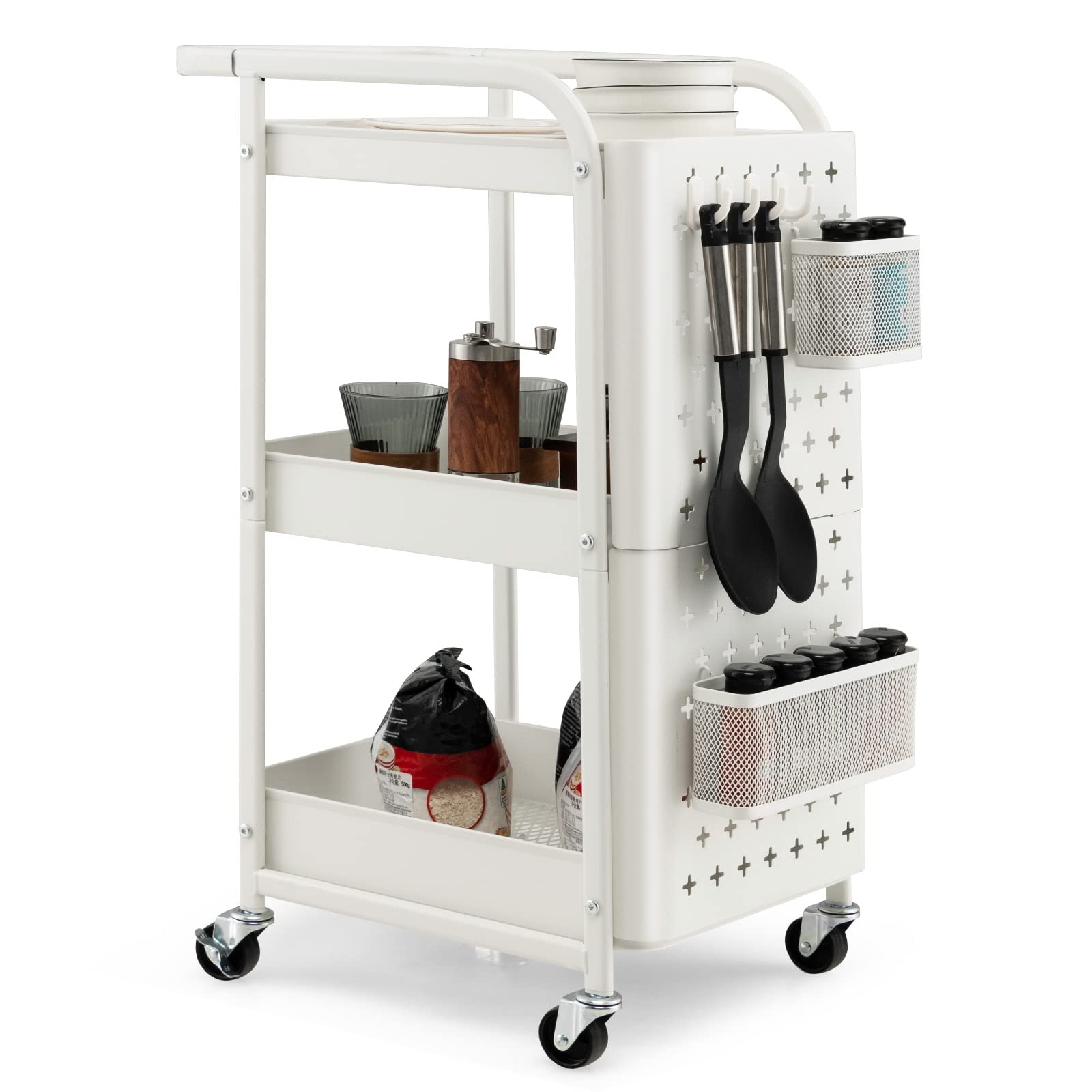 Giantex Carrello Mobile in Metallo a 3 Livelli, Carrello con Bordo di Pin, Cestini di Stoccaggio, Ganci, Carrello di Servizio con 4 Ruote, per Cucina, Bagno, Ufficio, 52x33x75cm