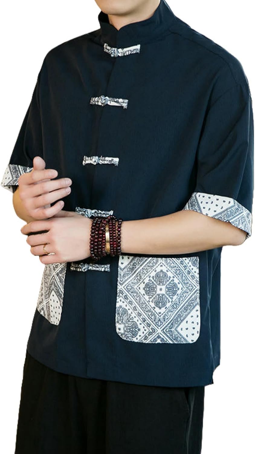 Men's Summer Chinese Style Trendy Loose Ice Silk Short Sleeve Hanfu Tang Suit Casual Shirt