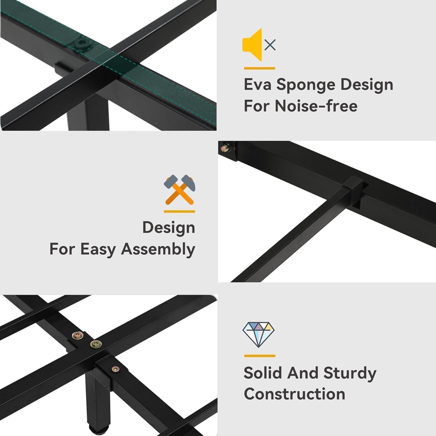 Diagram showing Eva Sponge Design for Noise-free operation, Easy Assembly Design, and Solid and Sturdy Construction of the bed frame.