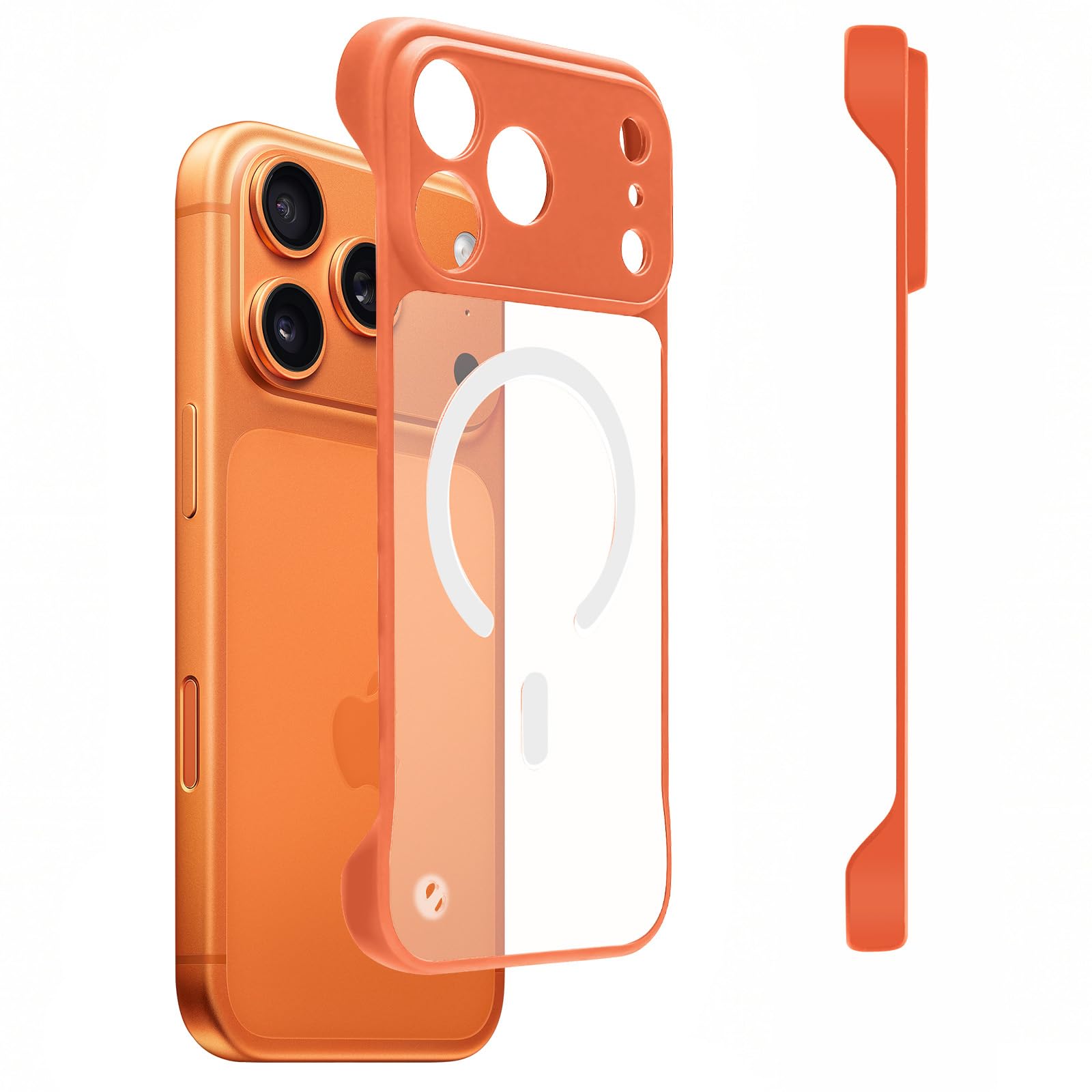 Omio Magnetic Slim Case for iPhone 17 Pro Max Compatible with MagSafe, Clear Matte Ultra-Thin Bumper Frameless Borderless Design with Finger Loop Full Camera Protection for Women Men, Orange Orange iPhone 17 Pro Max