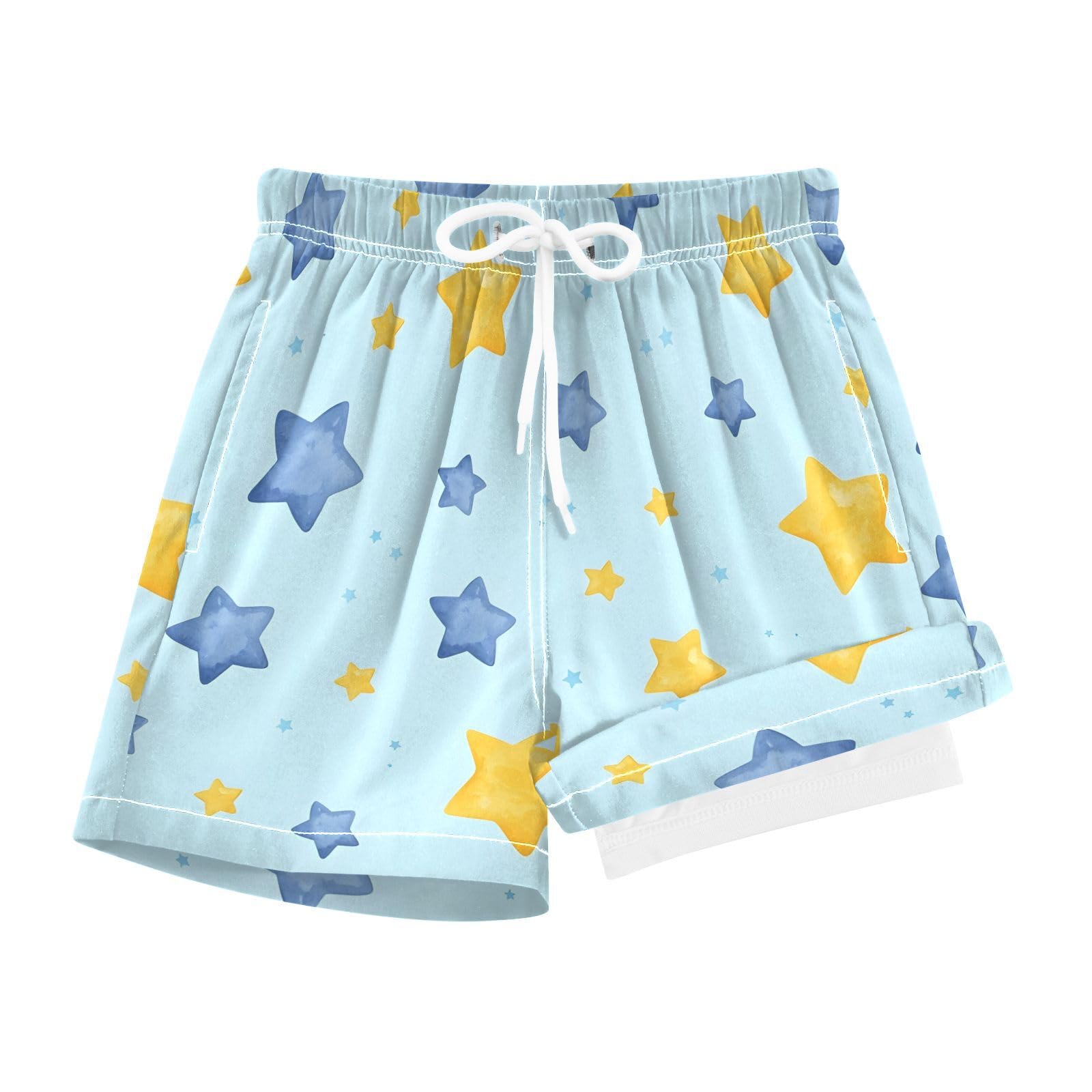 YANENDIE Boy Swim Trunks with Compression Liner Watercolor Stars Boys Swim Shorts Quick Dry Beach Shorts