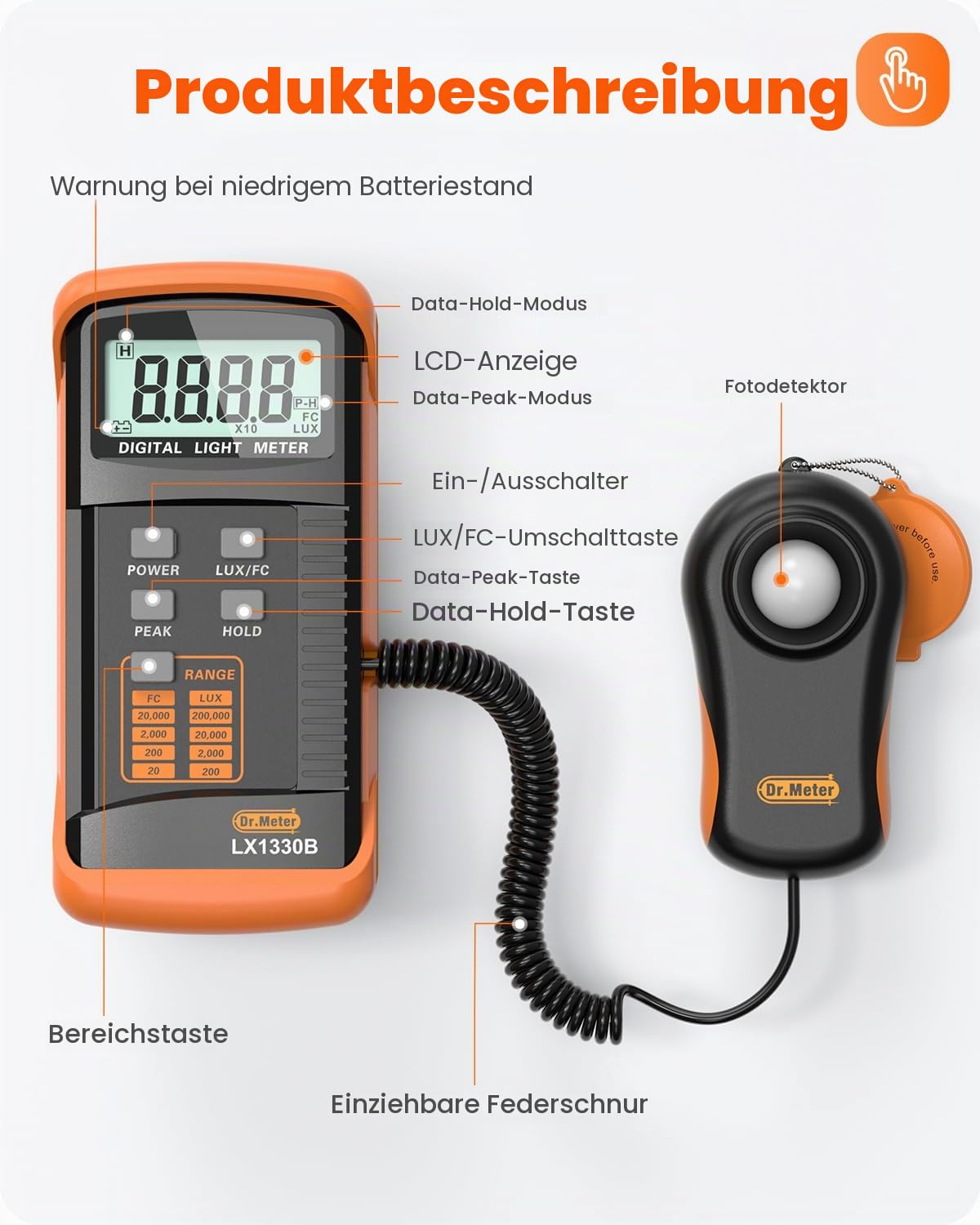 Dr.meter LX1330B Digital Luxmeter, 0-200.000 Messbereich Luxmeter mit 360° Drehbarem Sensor Beleuchtungsintensität Helligkeitsmessung für Innen und Außen, Lichtmessgeräte für Pflanzen