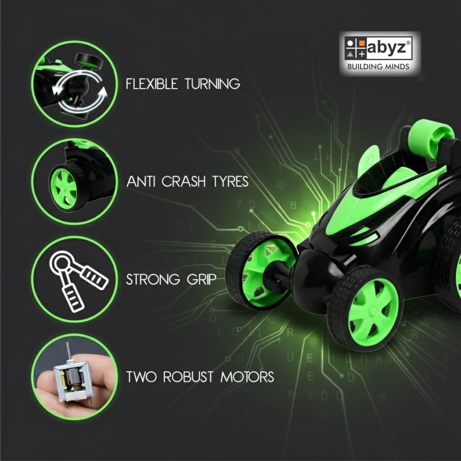 Image of abyz 360 Rotating RC Stunt Car - LED Lights, Sound, Off-Road Remote Control Vehicle for Kids and Adults (Green)