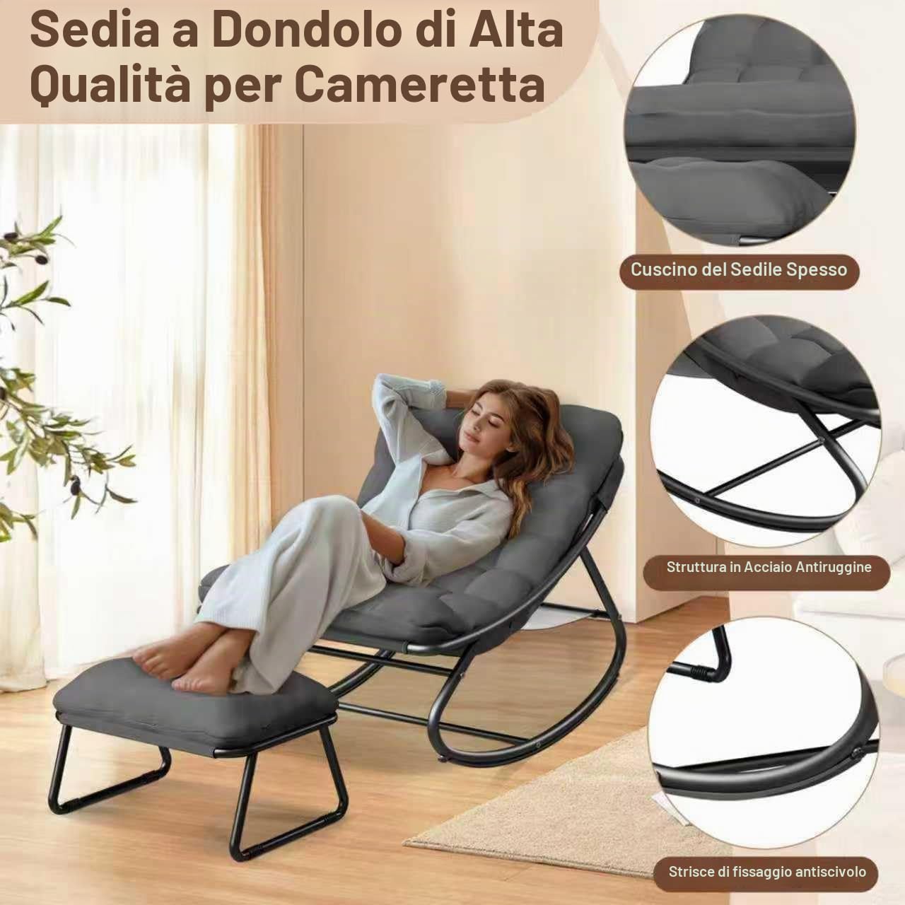 Sedia a Dondolo con Sgabello, Poltrona Lounge per Esterni Interno, XXL, Sedia a Dondolo da Esterno, Sedia Relax con Cuscino Imbottito, Portata fino a 150 kg, per Giardino, Terrazza, Balcone (grigio)
